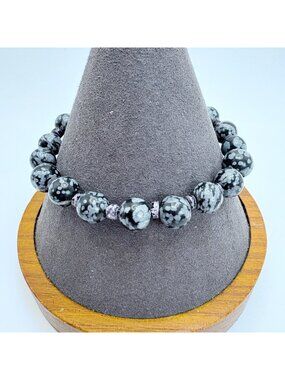 Black Moss Agate Round Beaded Bracelet & Toggle Clasp 7.25" Length
